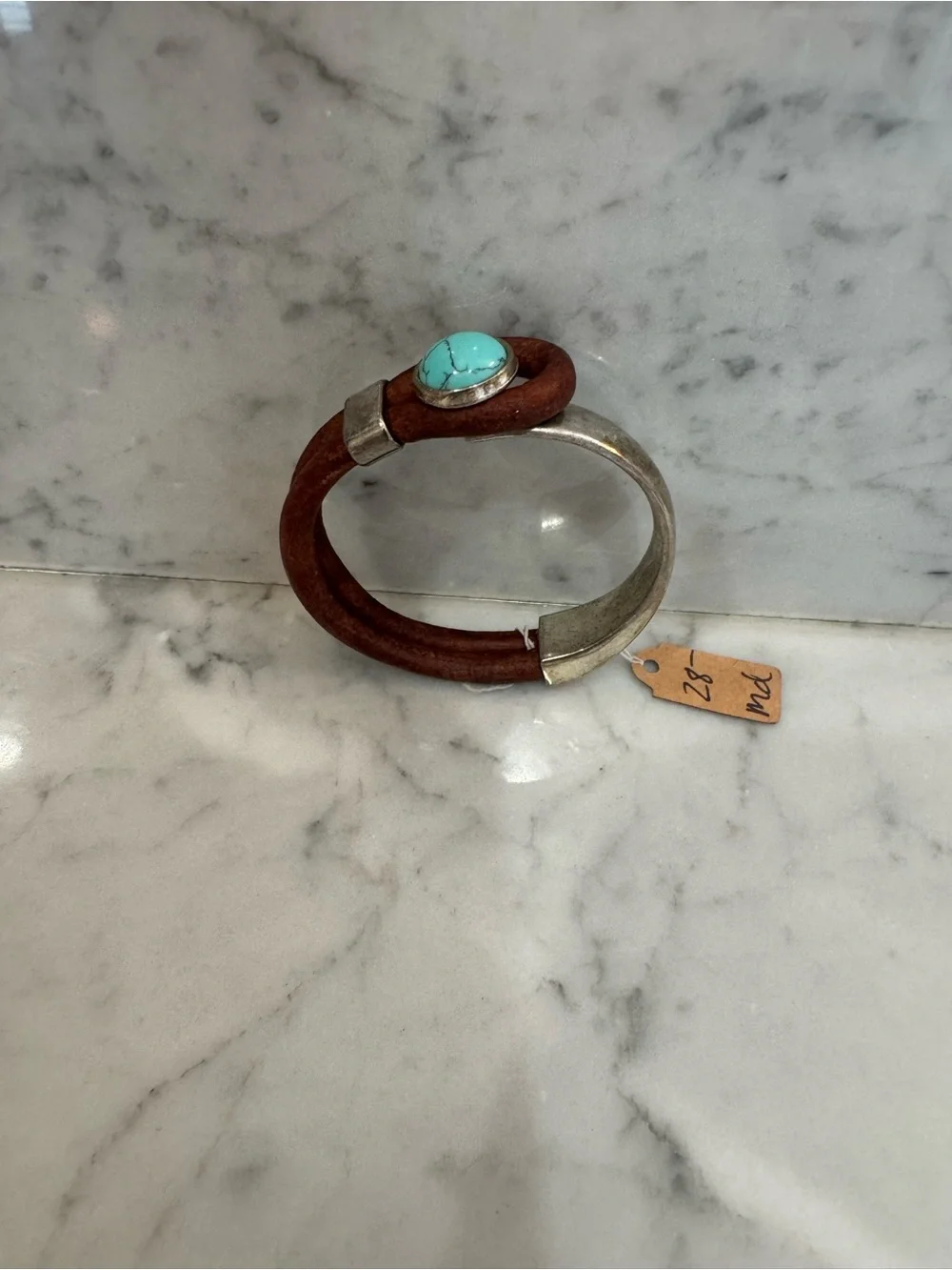 Source Unknown Brown Leather Bracelet with Turquoise Stone and Silver Accents
